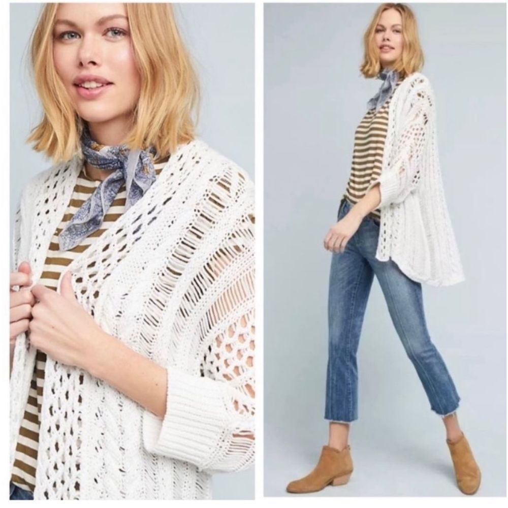 Anthropologie Moth  White Crochet Knit Cardigan Dolman Sleeve Cottage core Sz XS